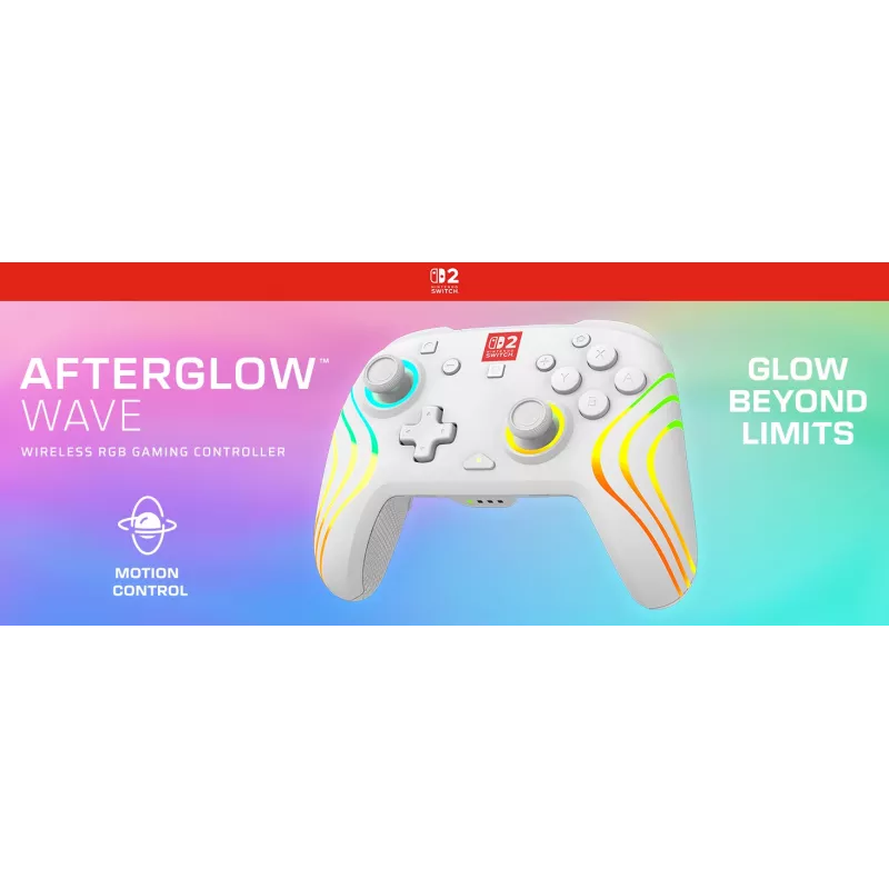 Kabelloser RGB-Gaming-Steuergerät Turtle Beach Afterglow Wave White für Nintendo Switch 2, Bluetooth/USB-C, integrierter Akku 20h, 3m Kabel