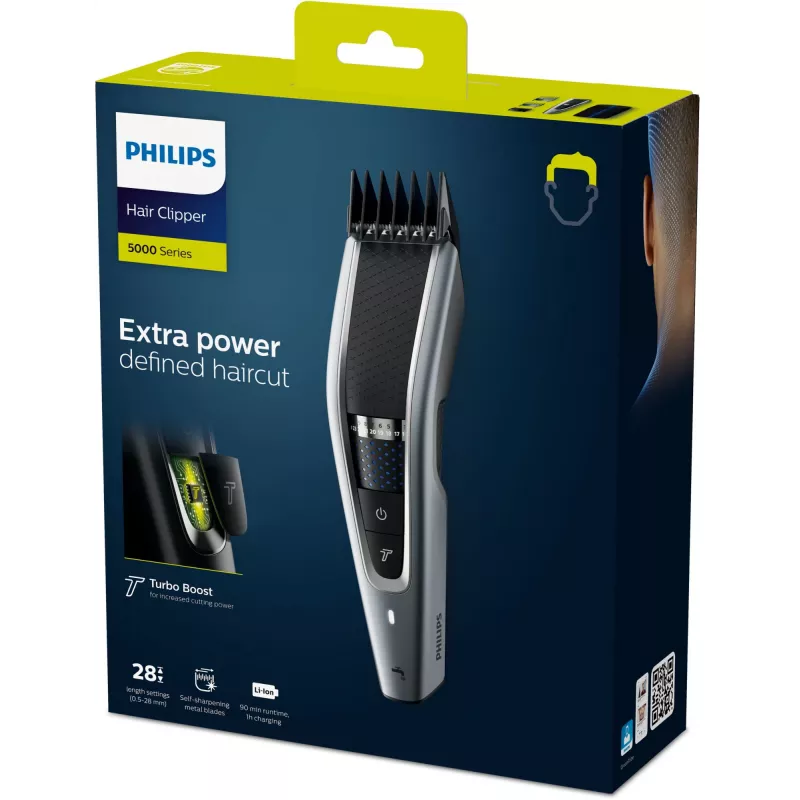 Haartrimmer Philips 5000 Series HC5630/15 – kabellos, 28 Längeneinstellungen (0,5 mm–28 mm), 90 min Laufzeit, Edelstahlklingen