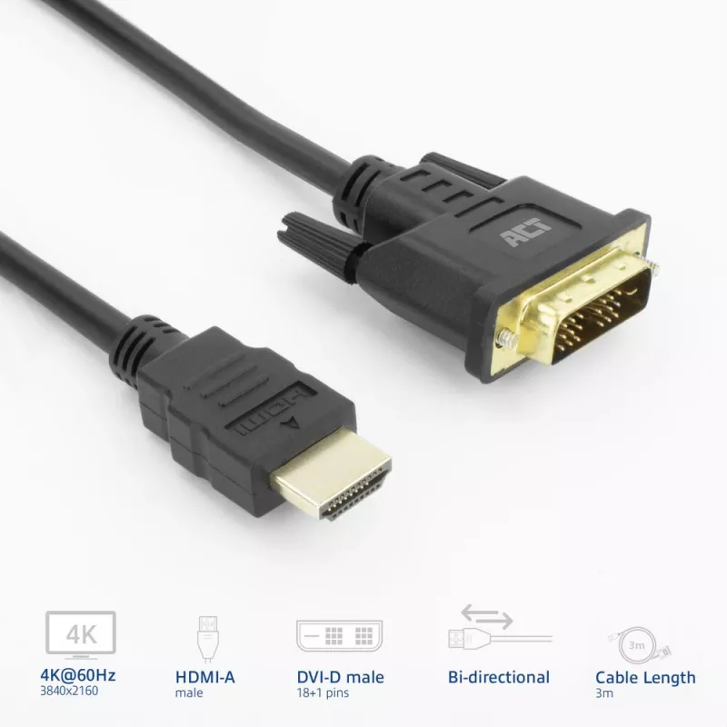 ACT AK3736 Videokabeladapter 3 m HDMI Typ A (Standard) DVI-D Schwarz