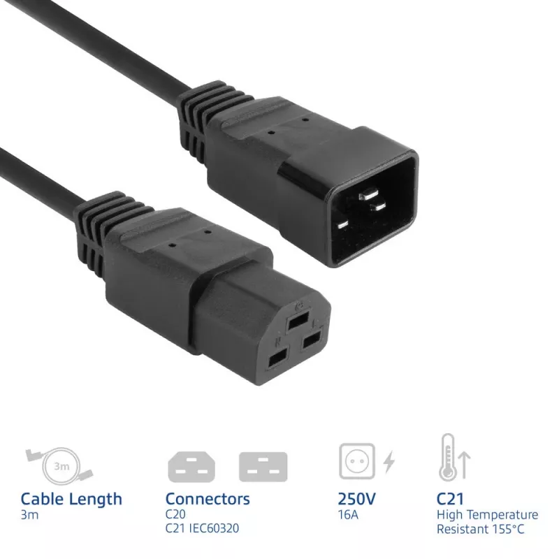 Powercord ACT C20–C21 IEC60320 schwarz 3 m, 16 A, 250 V
