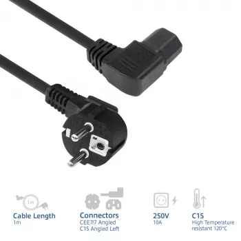 ACT Stromkabel Netzstecker CEE7/7 Stecker (gewinkelt) – C15 (gewinkelt links) IEC60320 schwarz 1 m