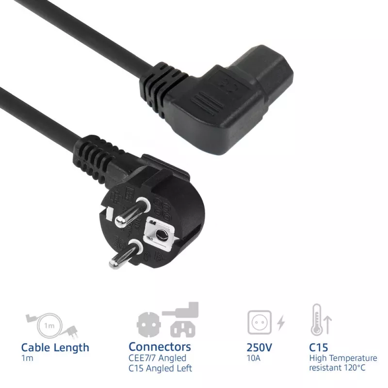 ACT Stromkabel Netzstecker CEE7/7 Stecker (gewinkelt) – C15 (gewinkelt links) IEC60320 schwarz 1 m