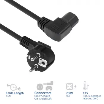 ACT Netzkabel Netzstecker CEE7/7 Stecker (gewinkelt) - C15 (gewinkelt links) IEC60320 schwarz 1,5 m
