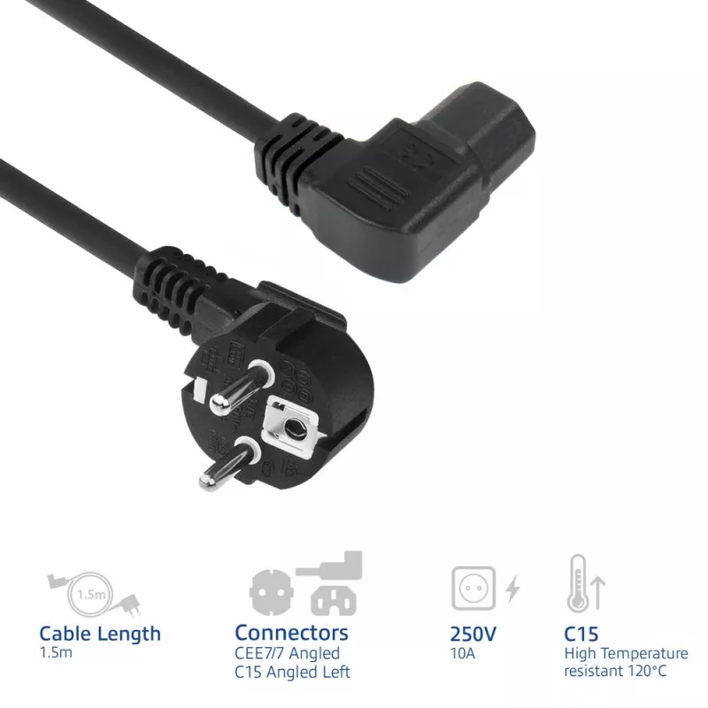 ACT Netzkabel Netzstecker CEE7/7 Stecker (gewinkelt) - C15 (gewinkelt links) IEC60320 schwarz 1,5 m