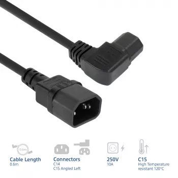 ACT Stromkabel C14 - C15 (gewinkelt links) IEC60320 schwarz 0,6 m
