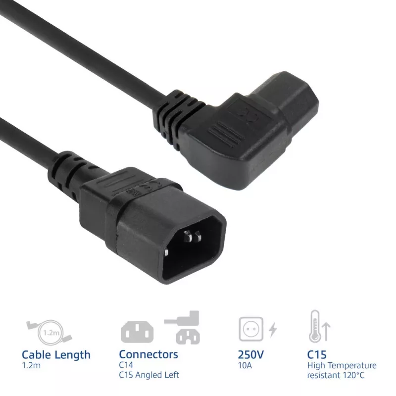 ACT Stromkabel C14 - C15 (abgewinkelt links) IEC60320 schwarz 1,2 m