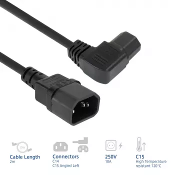 ACT Netzkabel C14 - C15 (abgewinkelt links) IEC60320 schwarz 2 m