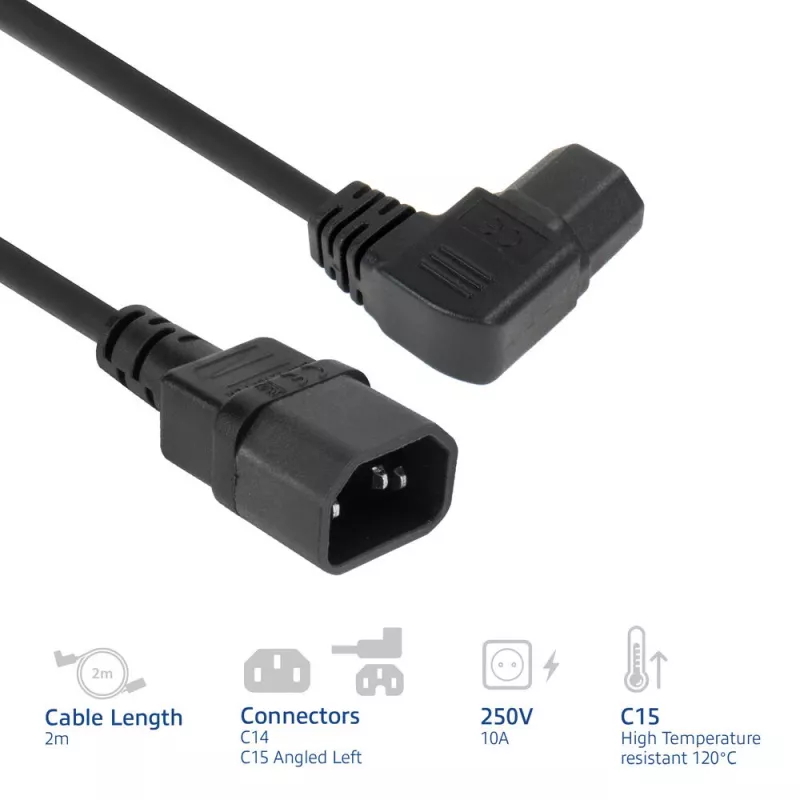 ACT Netzkabel C14 - C15 (abgewinkelt links) IEC60320 schwarz 2 m
