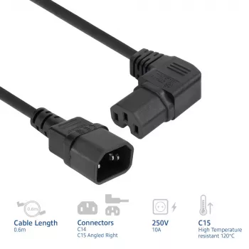 ACT Stromkabel C14 - C15 (abgewinkelt rechts) IEC60320 schwarz 0,6 m