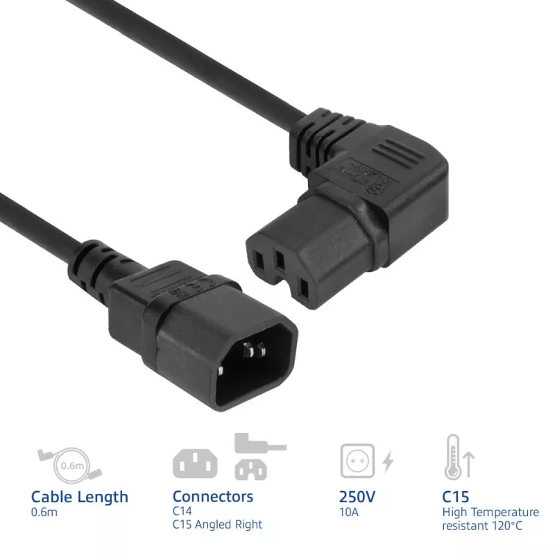 ACT Stromkabel C14 - C15 (abgewinkelt rechts) IEC60320 schwarz 0,6 m