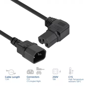 ACT Stromkabel C14–C15 abgewinkelt rechts IEC60320 schwarz 1,2 m H05RN-F 10 A 250 V