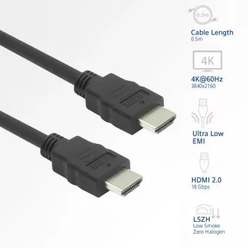 HDMI-Kabel ACT AK3870 0,5 m – HDMI-Typ-A-Stecker auf HDMI-Typ-A-Stecker, HDMI 2.0, 18 Gbit/s, ARC, vergoldete Kontakte, schwarz