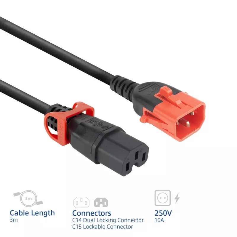 ACT Netzkabel C14 IEC Lock+ Dual Locking - C15 IEC Lock+ schwarz 3 m, PC3876