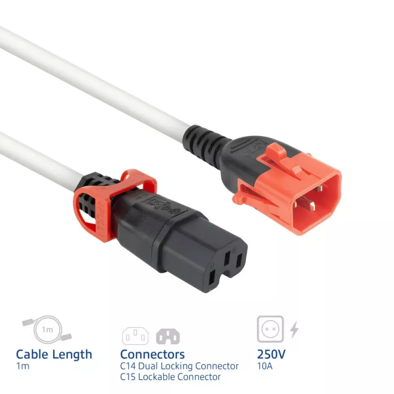 ACT Netzkabel C14 IEC Lock+ Dual Locking – C15 IEC Lock+ weiß 1 m, PC3871