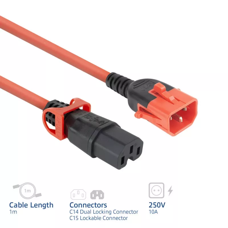 ACT Netzkabel C14 IEC Lock+ Dual Locking - C15 IEC Lock+ rot 1 m, PC3869