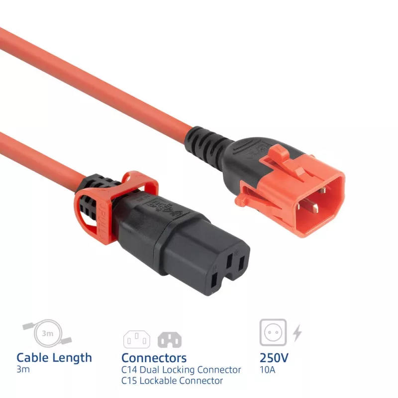 Netzkabel ACT C14 IEC Lock+ Dual Locking auf C15 IEC Lock+ rot, 3 m, 250 V 10 A