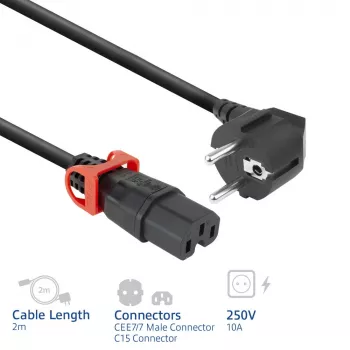 ACT Netzkabel CEE 7/7 Stecker (abgewinkelt) – C15 IEC Lock+ schwarz 2 m, EL604S