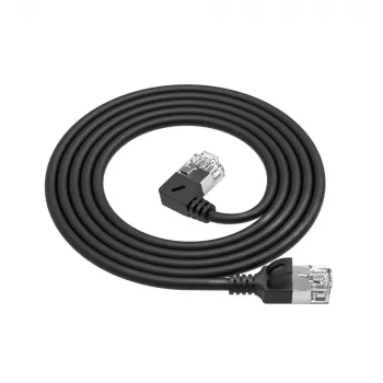 ACT Schwarz 1 m U/FTP CAT6A LSZH Slimline Patchkabel mit RJ45-Steckern 90° abgewinkelt links auf gerade