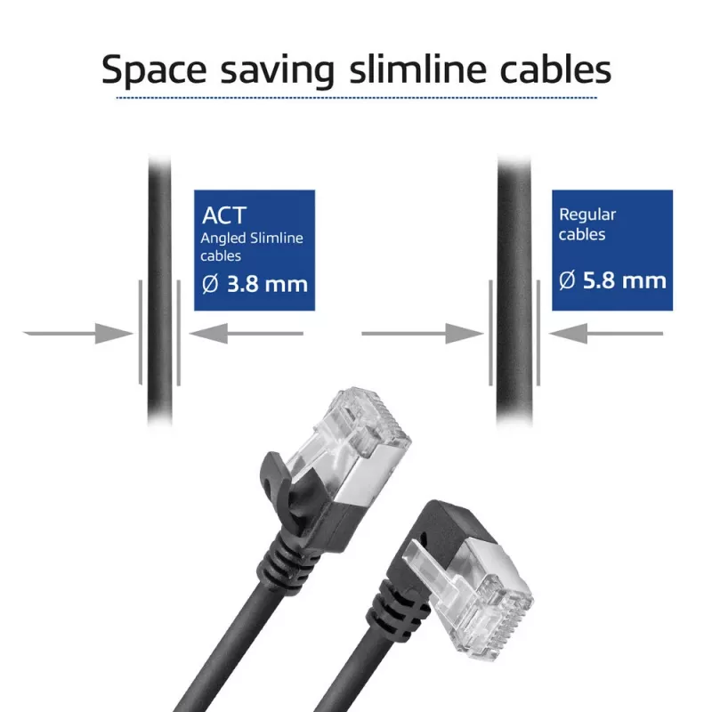 ACT Schwarz 1 m U/FTP CAT6A LSZH Slimline Patchkabel mit RJ45-Steckern 90° abgewinkelt links auf gerade