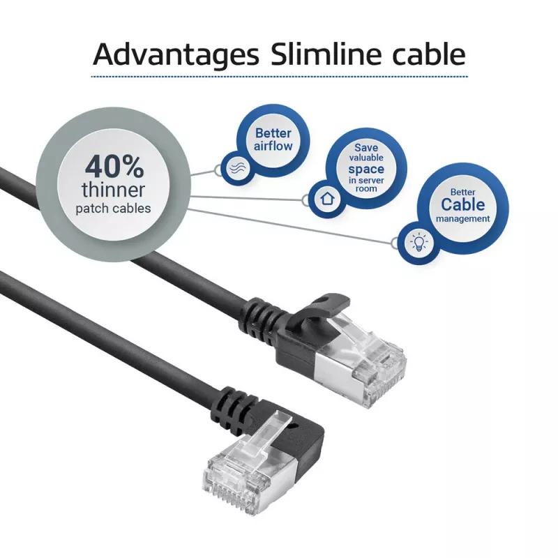 ACT Schwarz 1 m U/FTP CAT6A LSZH Slimline Patchkabel mit RJ45-Steckern 90° abgewinkelt links auf gerade