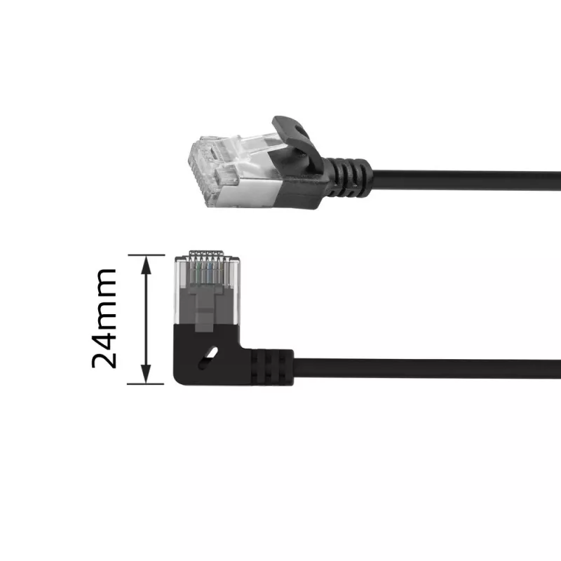 ACT Schwarz 2 m U/FTP CAT6A LSZH Slimline-Patchkabel mit RJ45-Steckern 90° abgewinkelt links auf gerade