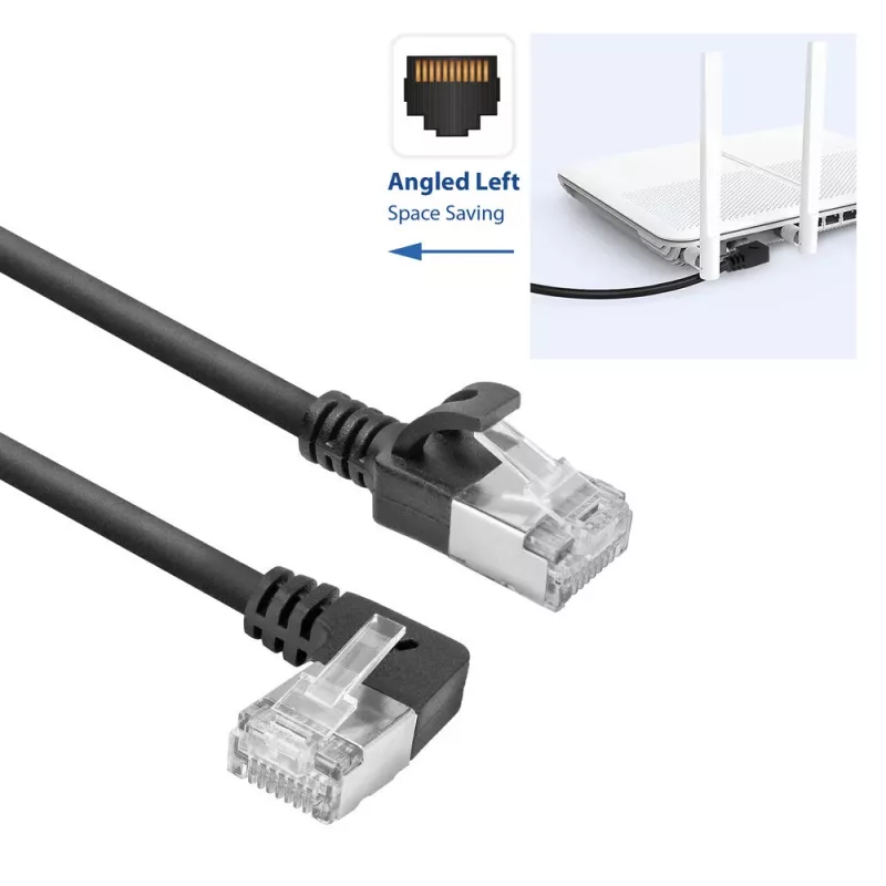 ACT Schwarz 0,25 Meter U/FTP CAT6A LSZH Slimline-Patchkabel mit RJ45-Steckern 90° abgewinkelt links auf gerade