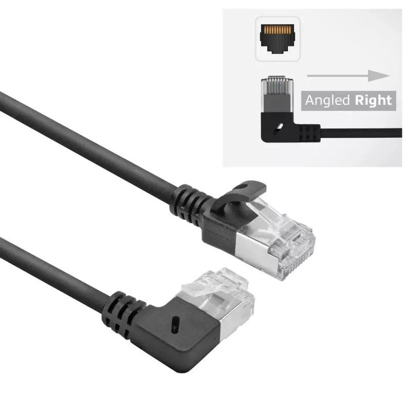 ACT Schwarz 1 m U/FTP CAT6A LSZH Slimline-Patchkabel mit RJ45-Steckern 90° abgewinkelt rechts auf gerade