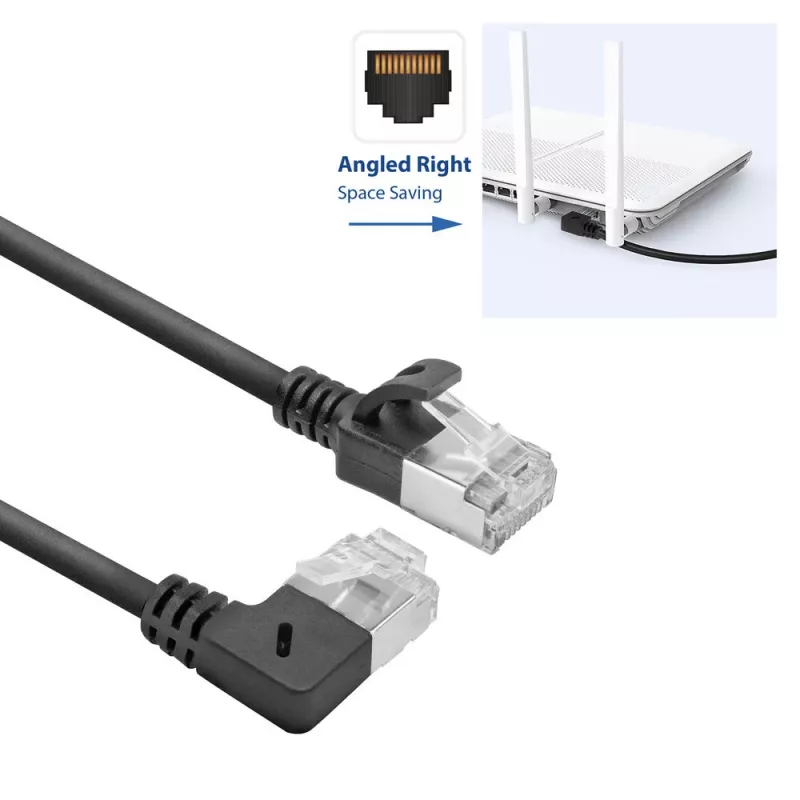 ACT Schwarz 1 m U/FTP CAT6A LSZH Slimline-Patchkabel mit RJ45-Steckern 90° abgewinkelt rechts auf gerade