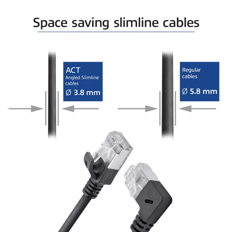 ACT Schwarz 1 m U/FTP CAT6A LSZH Slimline-Patchkabel mit RJ45-Steckern 90° abgewinkelt rechts auf gerade