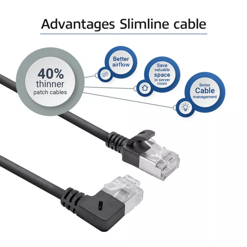 ACT Schwarz 1 m U/FTP CAT6A LSZH Slimline-Patchkabel mit RJ45-Steckern 90° abgewinkelt rechts auf gerade