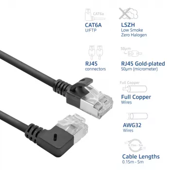 ACT Schwarz 5 m U/FTP CAT6A LSZH Slimline Patchkabel mit RJ45-Steckern 90° abgewinkelt rechts auf gerade