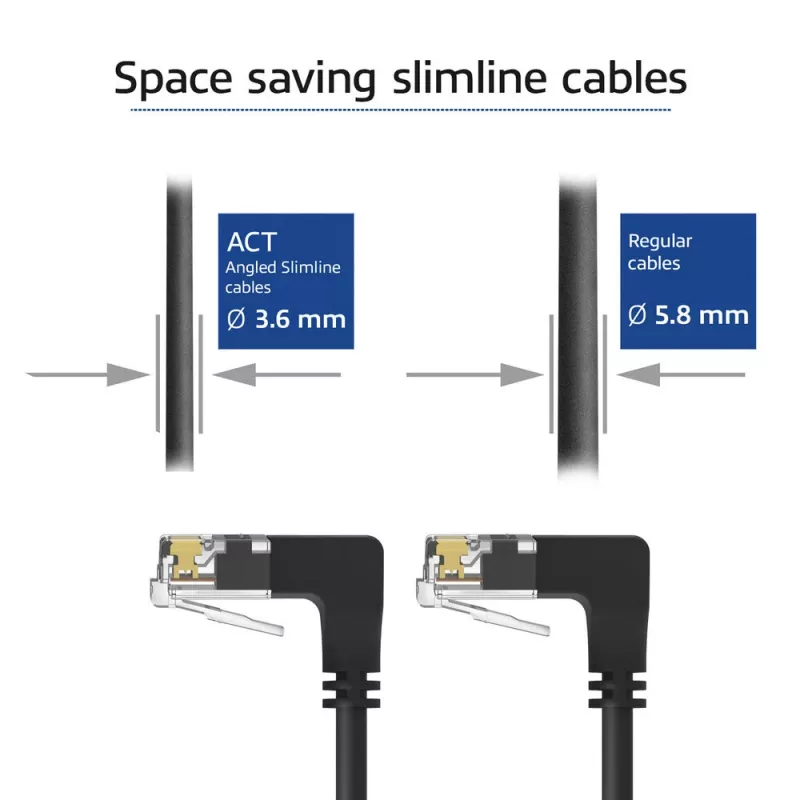 ACT Schwarz 1 Meter U/UTP CAT6A LSZH Slimline Patchkabel mit RJ45-Steckern 90° abgewinkelt unten auf 90° abgewinkelt unten