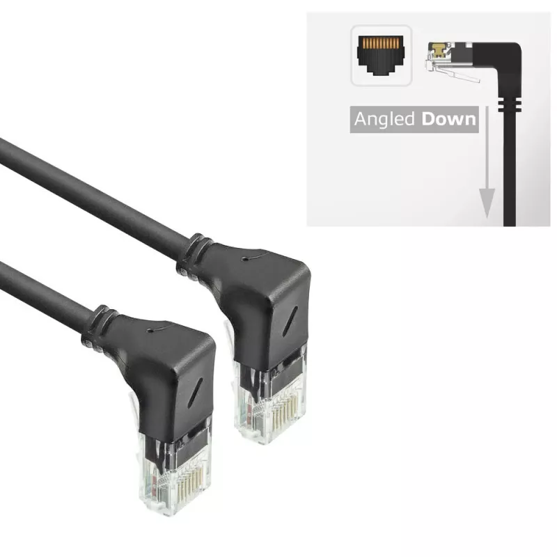 ACT Schwarz 2 Meter U/UTP CAT6A LSZH Slimline Patchkabel mit RJ45-Steckern 90° abgewinkelt unten auf 90° abgewinkelt unten