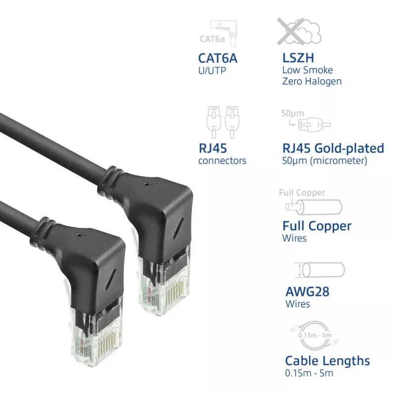 ACT Schwarz 1.5 meters U/UTP CAT6A LSZH Slimline patch Kabel mit RJ45 connectors 90° abgewinkelt down to 90° abgewinkelt down