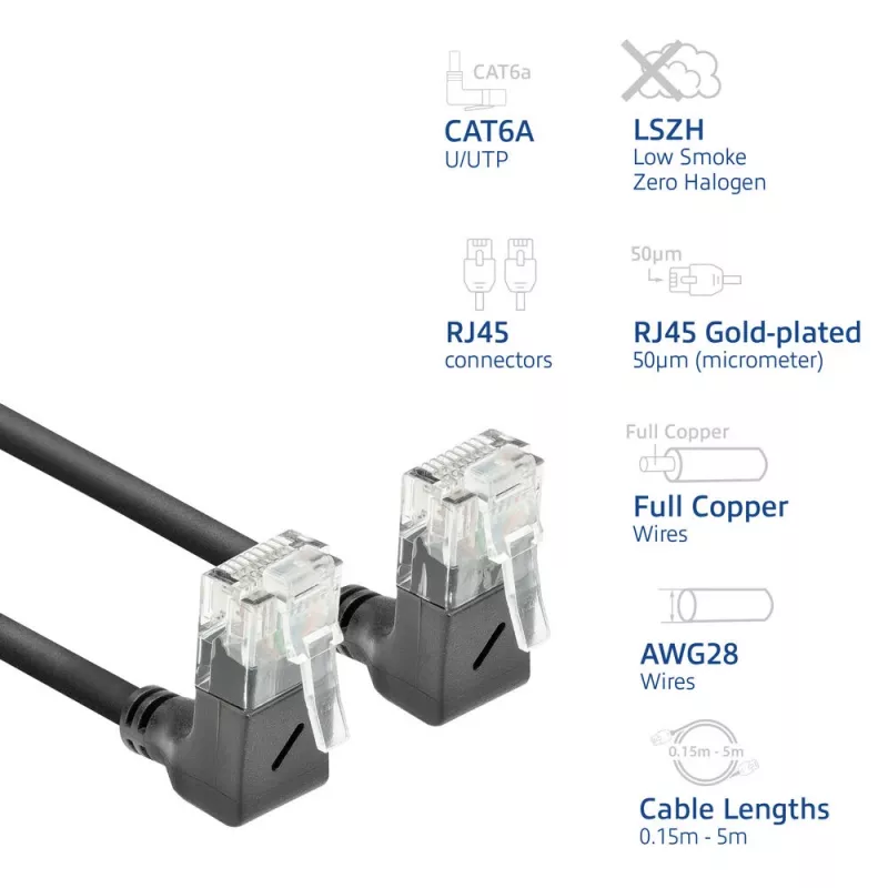 ACT Schwarz 2 Meter U/UTP CAT6A LSZH Slimline Patchkabel mit RJ45-Steckern 90° abgewinkelt hoch zu 90° abgewinkelt hoch