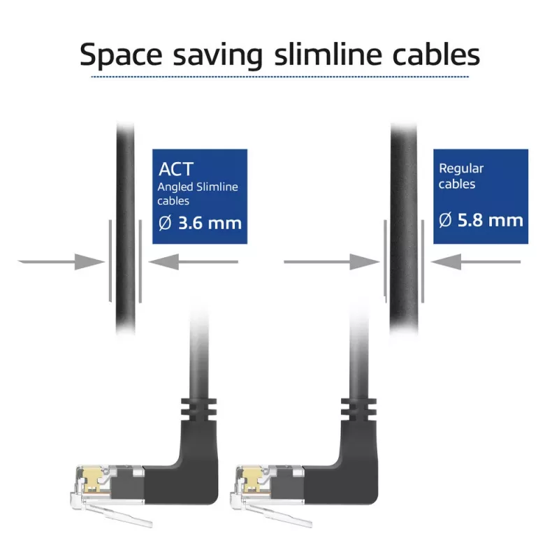ACT Schwarz 2 Meter U/UTP CAT6A LSZH Slimline Patchkabel mit RJ45-Steckern 90° abgewinkelt hoch zu 90° abgewinkelt hoch