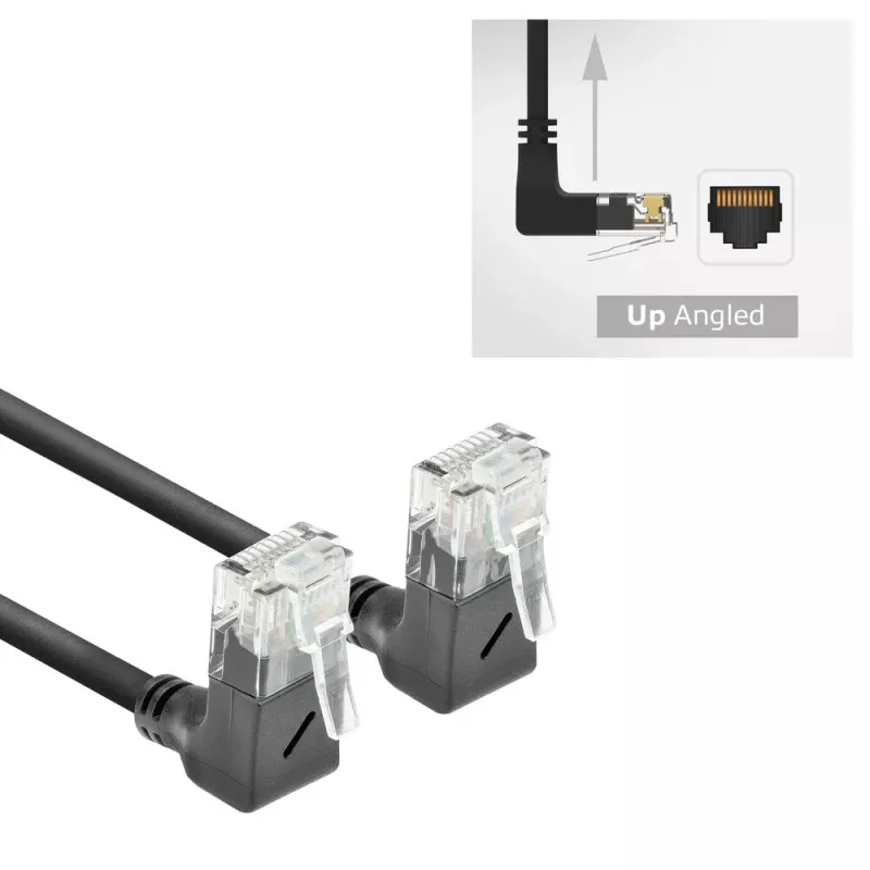 ACT Schwarz 0,15 Meter U/UTP CAT6A LSZH Slimline Patchkabel mit RJ45-Steckern 90° abgewinkelt nach oben zu 90° abgewinkelt nach oben