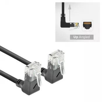 ACT Schwarz 0,25 Meter U/UTP CAT6A LSZH Slimline-Patchkabel mit RJ45-Steckern 90° abgewinkelt nach oben auf 90° abgewinkelt nach oben
