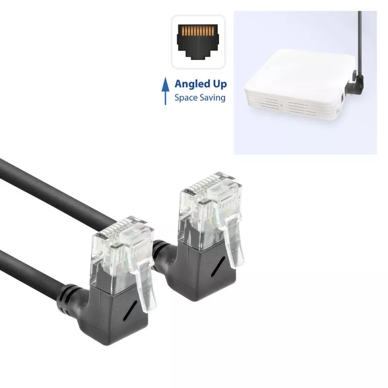 ACT Schwarz 0,25 Meter U/UTP CAT6A LSZH Slimline-Patchkabel mit RJ45-Steckern 90° abgewinkelt nach oben auf 90° abgewinkelt nach oben