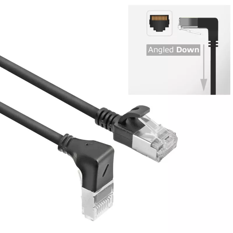 ACT Schwarz 3 m U/FTP CAT6A LSZH Slimline-Patchkabel mit RJ45-Steckern 90° gewinkelt abwärts auf gerade