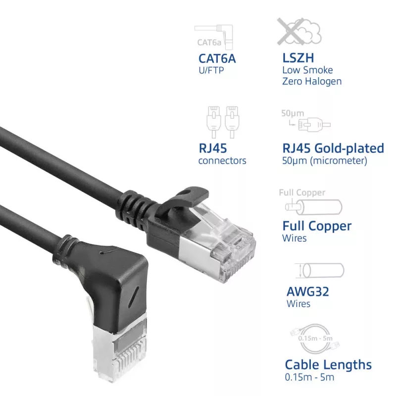 ACT Schwarz 3 m U/FTP CAT6A LSZH Slimline-Patchkabel mit RJ45-Steckern 90° gewinkelt abwärts auf gerade