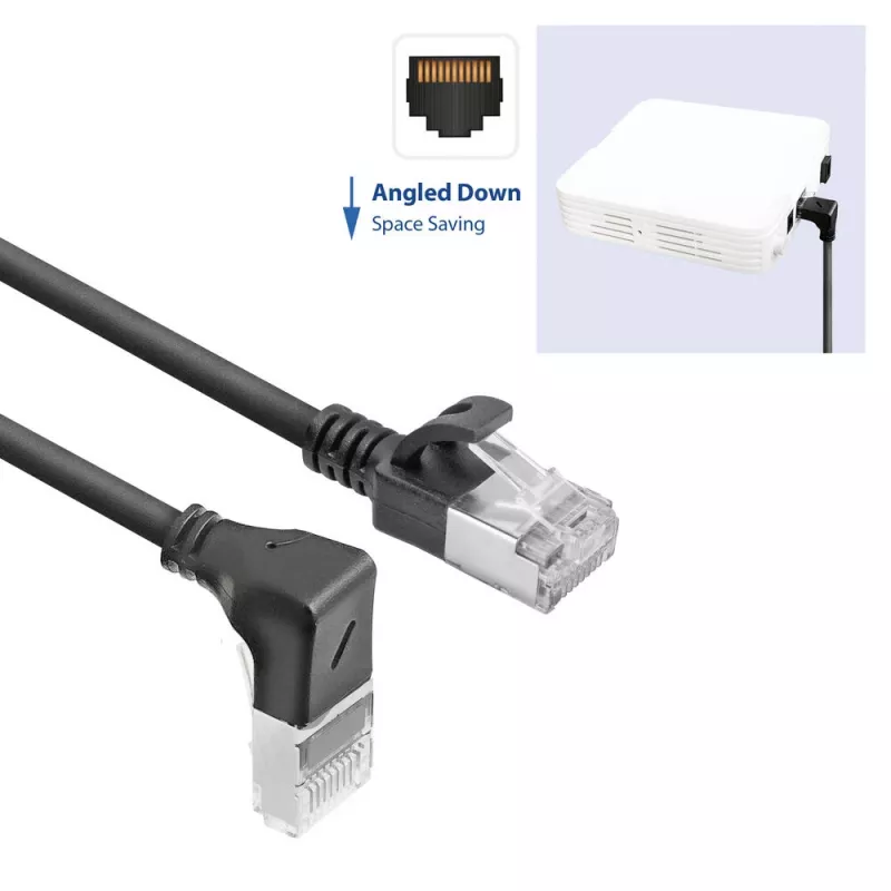 ACT Schwarz 3 m U/FTP CAT6A LSZH Slimline-Patchkabel mit RJ45-Steckern 90° gewinkelt abwärts auf gerade