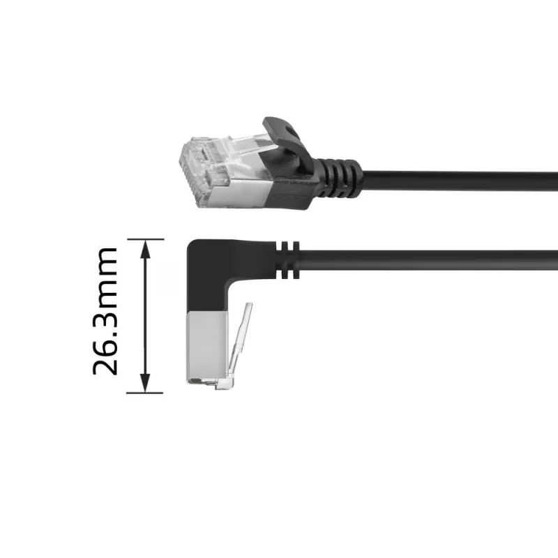 ACT Schwarz 3 m U/FTP CAT6A LSZH Slimline-Patchkabel mit RJ45-Steckern 90° gewinkelt abwärts auf gerade