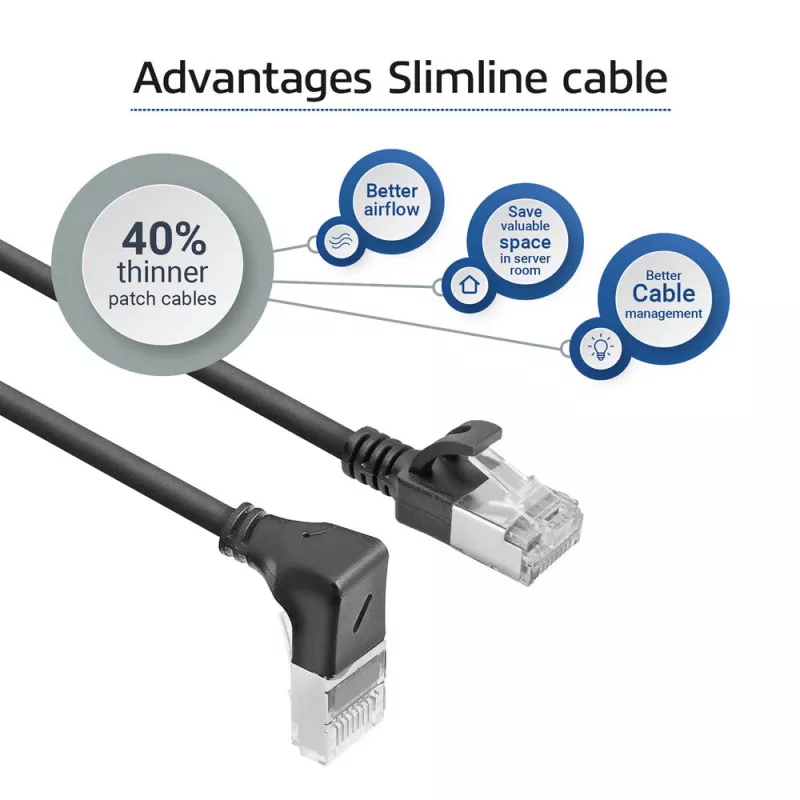 ACT Schwarz 3 m U/FTP CAT6A LSZH Slimline-Patchkabel mit RJ45-Steckern 90° gewinkelt abwärts auf gerade