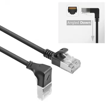 ACT Schwarz 0,25 Meter U/FTP CAT6A LSZH Slimline-Patchkabel mit RJ45-Steckern 90° abgewinkelt nach unten auf gerade