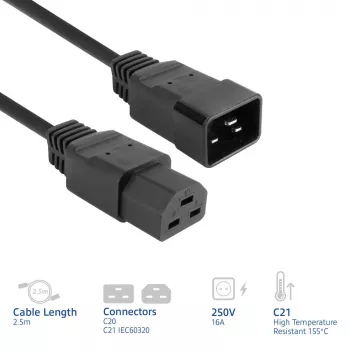 Netzkabel ACT C20–C21 IEC60320 schwarz 2,5 m, 16 A, 250 V