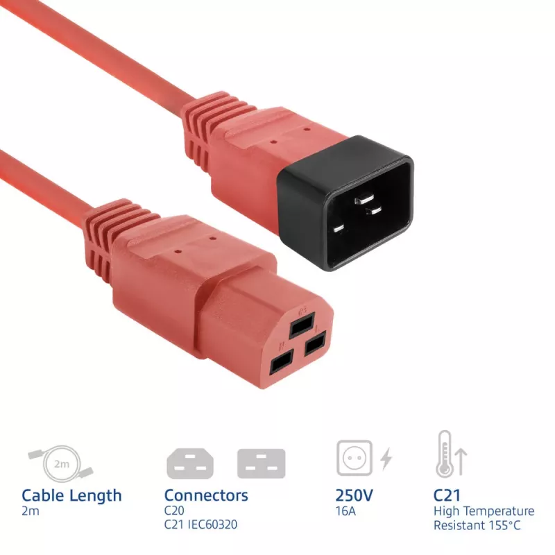 ACT-Netzkabel C20–C21 IEC60320 rot 2 m, 16 A 250 V