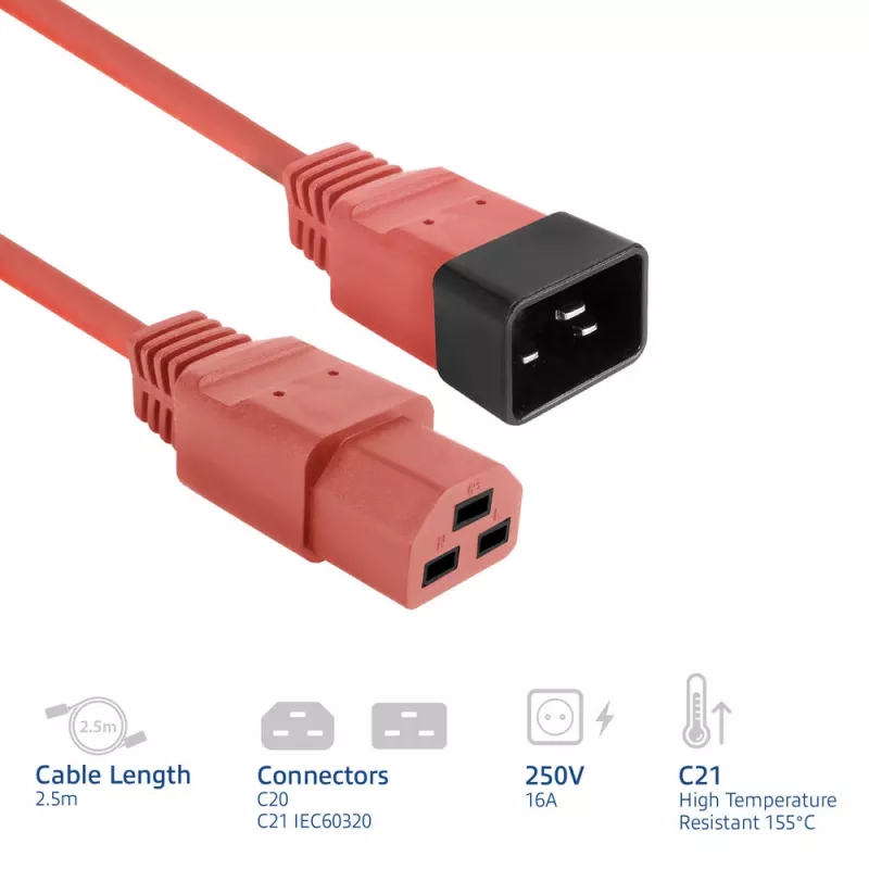 Netzkabel ACT C20–C21 IEC60320 rot 2,5 m, 16 A 250 V
