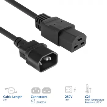 Netzkabel ACT C14 auf C21 IEC60320 schwarz 3 m, 250 V 10 A
