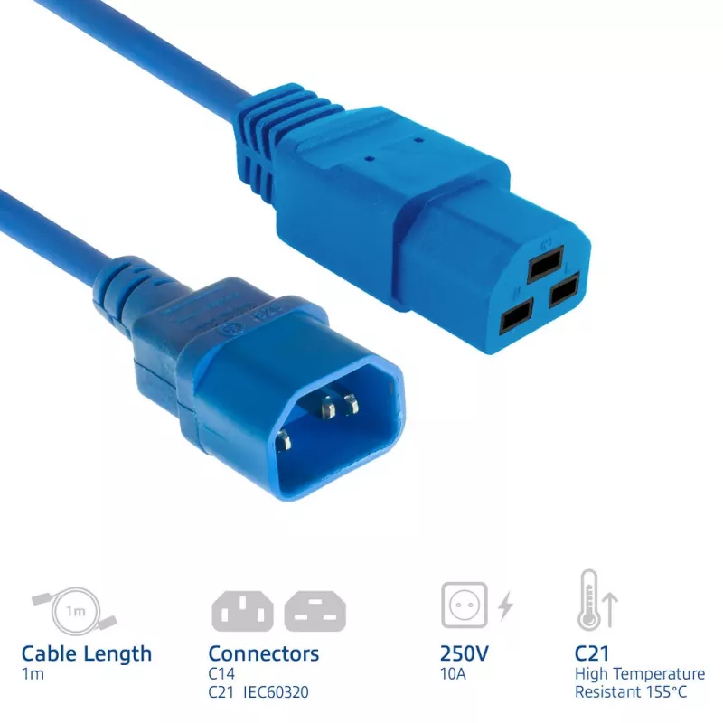 ACT-Netzkabel C14 auf C21 IEC60320 blau 1 m, 250 V 10 A